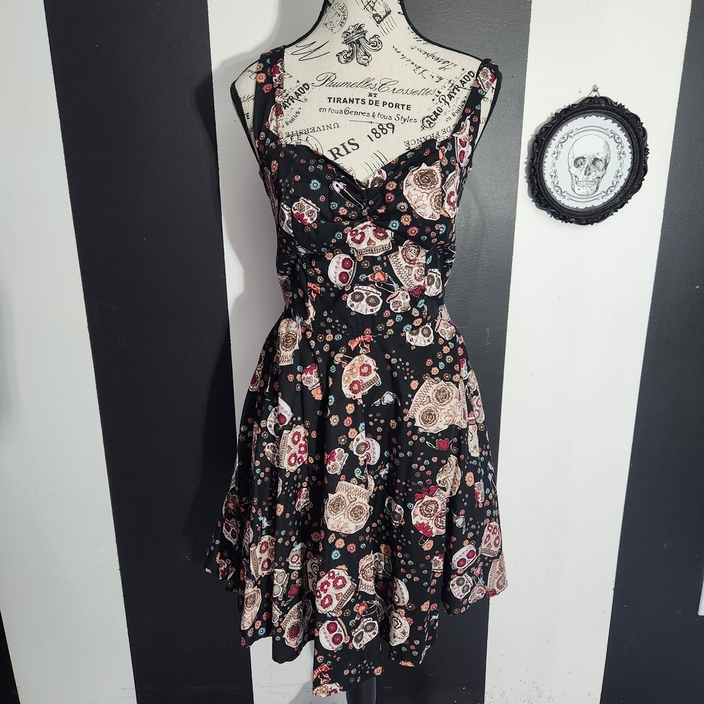 Pinup Sugar Skull Print Midi Dress